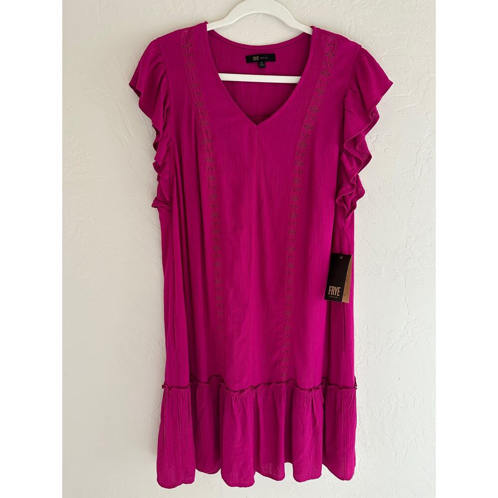 FRYE | Women's V-Neck Ruffle Sleeves Eyelet Drop Waist Dress Pink NEW Medium